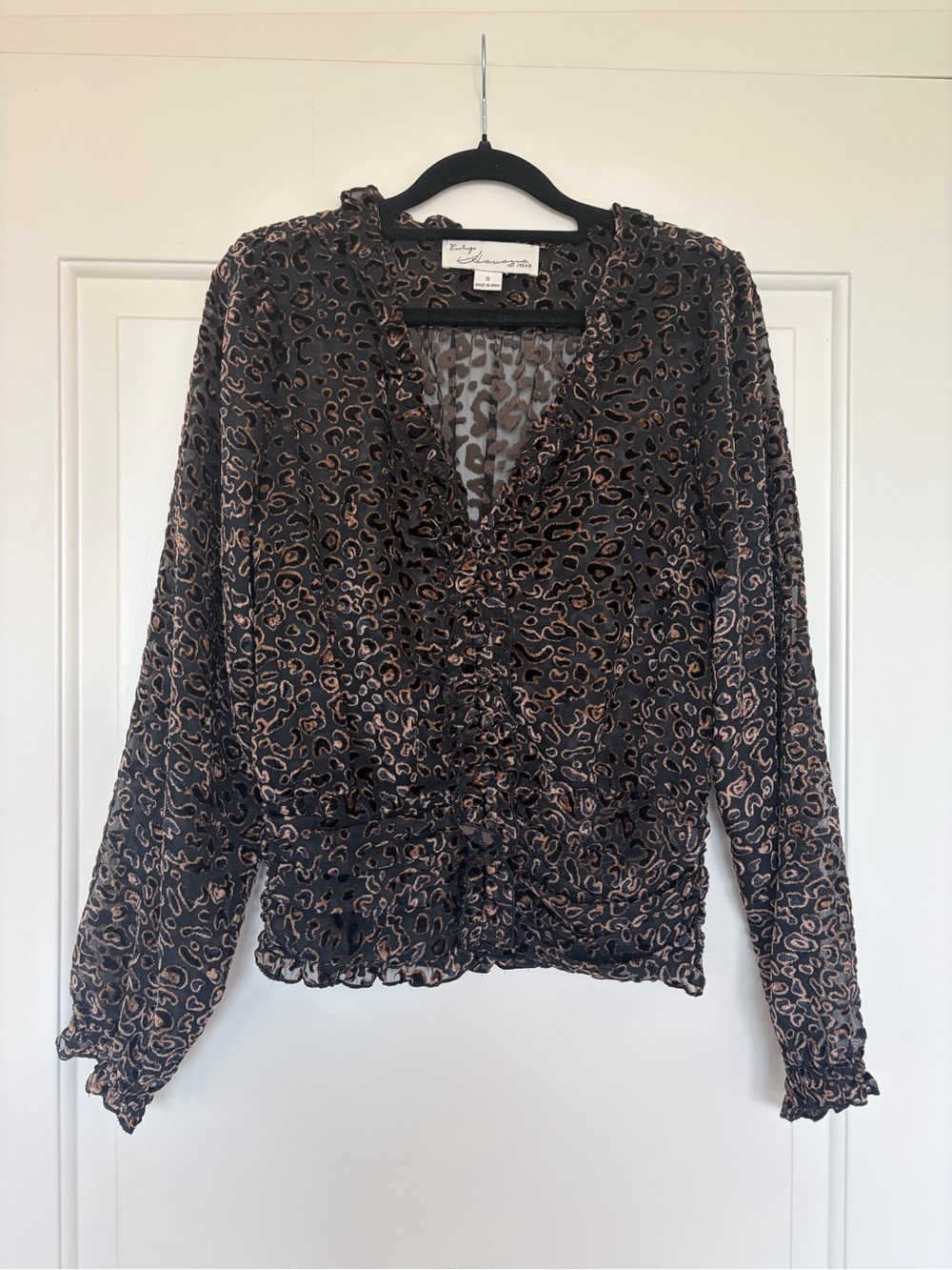 Vintage Havana Black & Brown Sheer Animal Print Ruffle Blouse